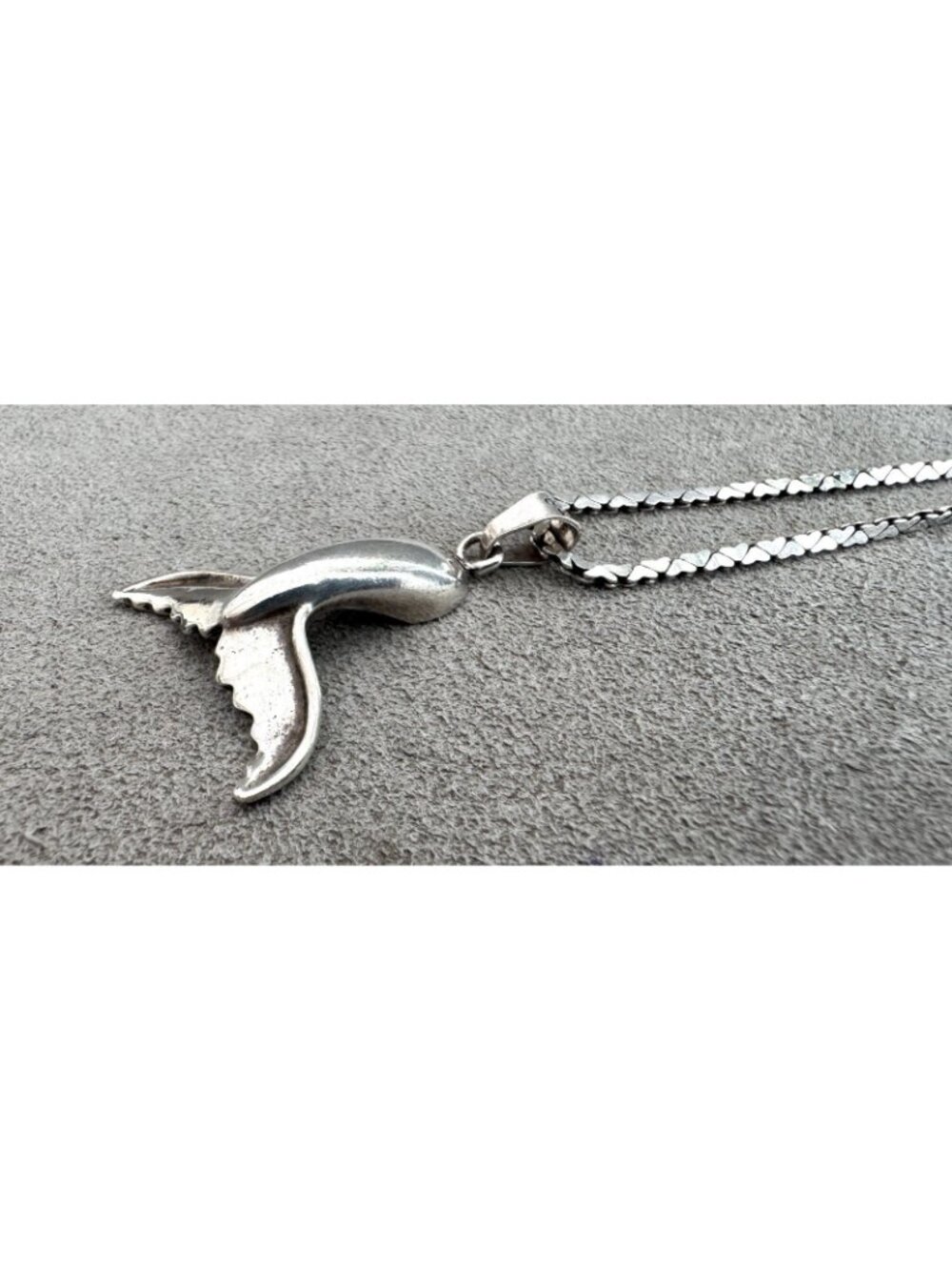 Vtg WHALE'S TAIL Pendant STERLING Silver 1.75" Taxco + Sterling Heart 20" CHAIN